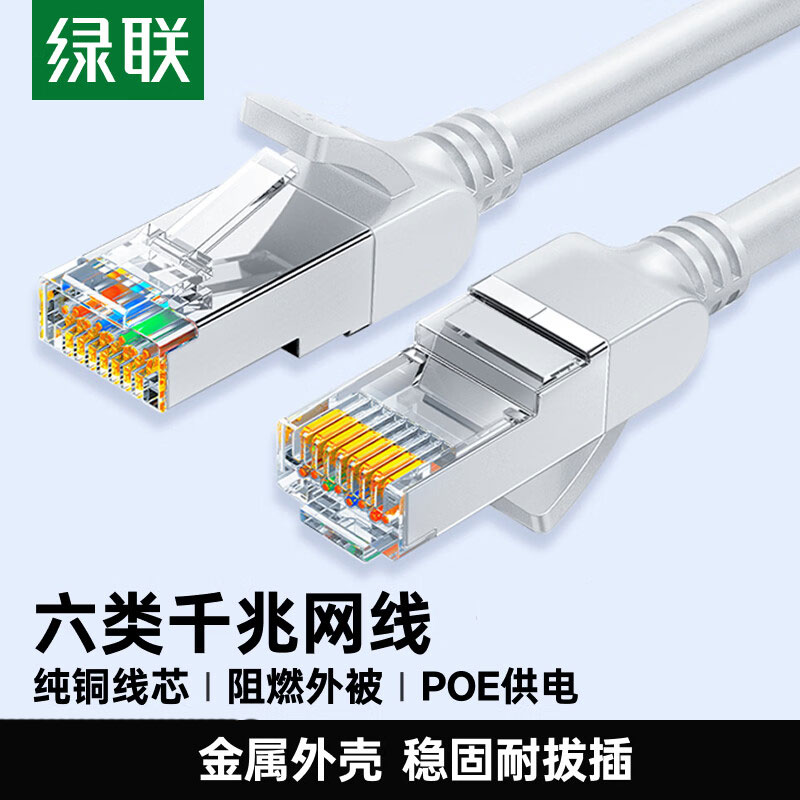 绿联 25025 绿联（UGREEN） 25025 六类纯铜网线 CAT6类 千兆网络高速监控连接线 8芯双绞线 POE供电成品跳线 灰白色1.5米