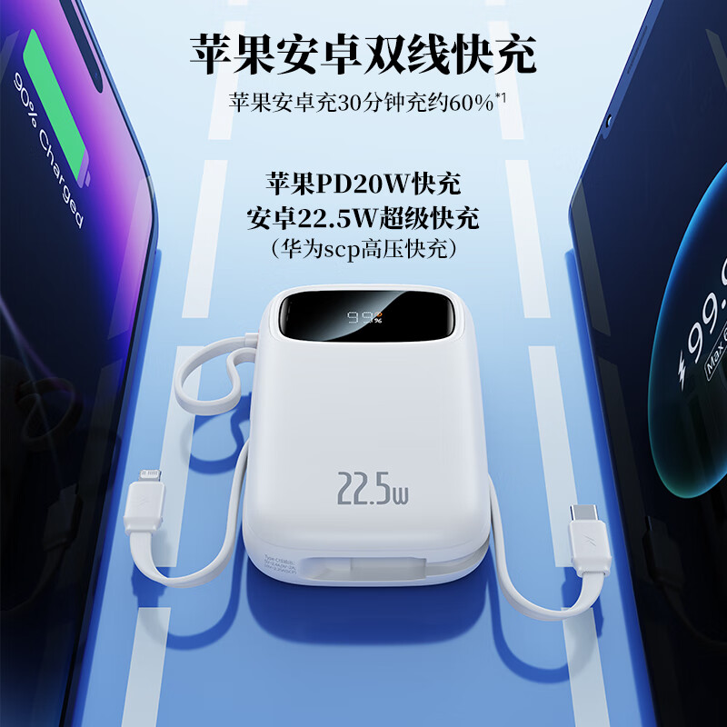 倍思 Q电自带双线充电宝 倍思（BASEUS） Q电自带双线充电宝 20000毫安时 支持22.5W 超级快充 可上飞机 移动电源 适用华为苹果